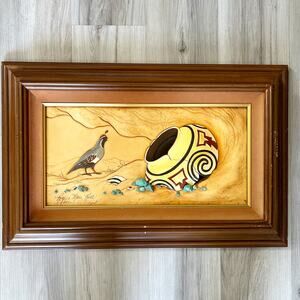 Roger & Marie Kull 1987 Sculpted Leather Art Quail Turquoise Stones & Native Pot